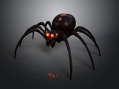 Black Spider With Red Glowing Eyes And Spherical Body Red Patterns Long Thin Legs 3d model