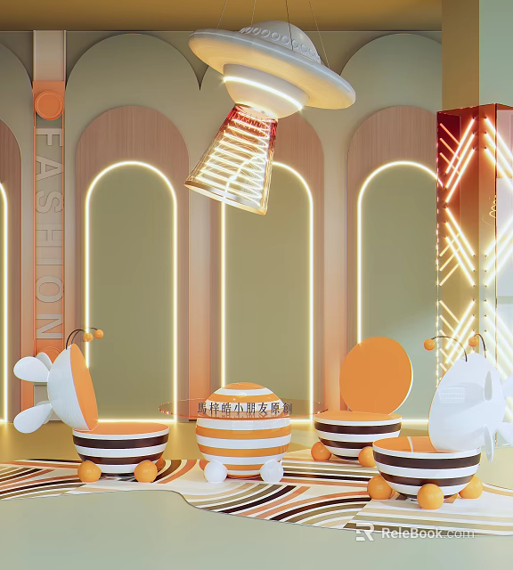 Kindergarten Colorful Interior With Arched Doors Bee Shaped Seats And Warm Lighting 3d model 