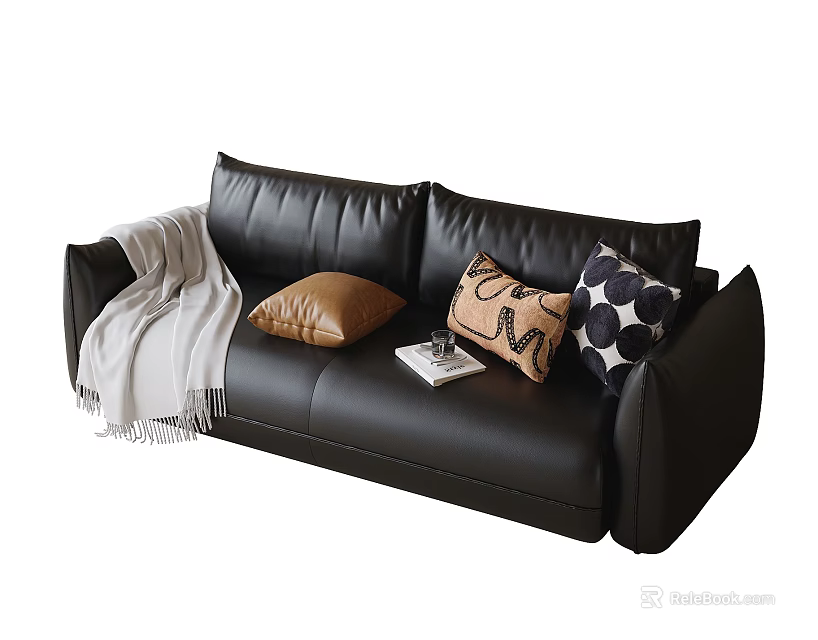 Modern Black Leather Two Seater Sofa with Decorative Pillows Soft Blanket and Book 3d model 