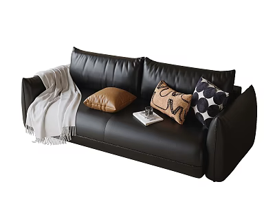 Modern Black Leather Two Seater Sofa with Decorative Pillows Soft Blanket and Book 3d model