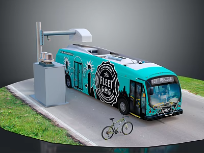Turquoise Electric Bus With LIFT Logo Parked At Charging Station Near Bicycle On Grass Road 3d model
