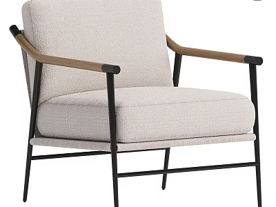 Modern Light Gray Fabric Leisure Chair with Wooden Armrests and Black Metal Frame 3d model