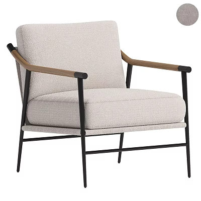 Modern Light Gray Fabric Leisure Chair with Wooden Armrests and Black Metal Frame 3d model