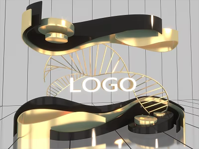 Modern Black and Gold Art Installation with Spiral Structure and Central LOGO 3d model