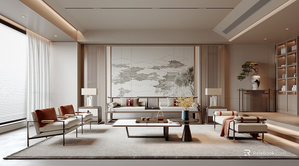 Elegant Traditional Living Room Interior With Landscape Wall Art Sofa And Coffee Table 3d model 