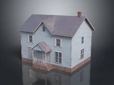 Light Blue Wooden House With Gray Roof Chimney And Porch White Railing Brick Base Windows 3d model