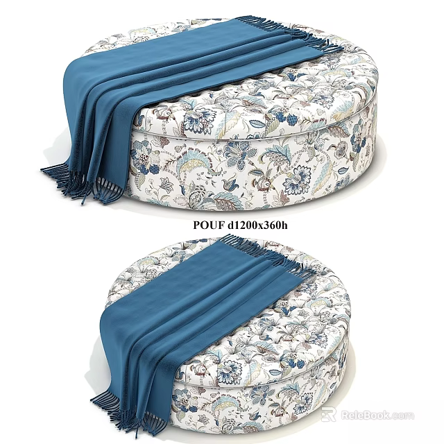 Round Floral Pattern Pouf Adorned with Soft Blue Blanket for Living Space 3d model 