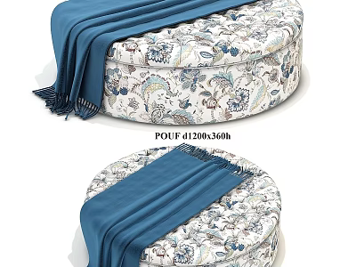 Round Floral Pattern Pouf Adorned with Soft Blue Blanket for Living Space 3d model