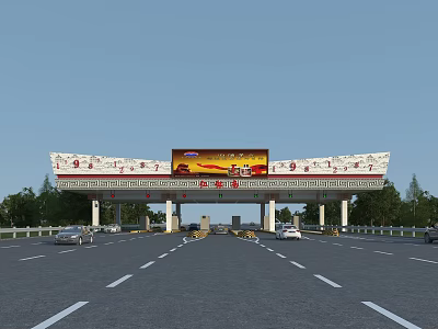 Highway Overpass With Large Billboard And Vehicles Under Blue Sky 3d model