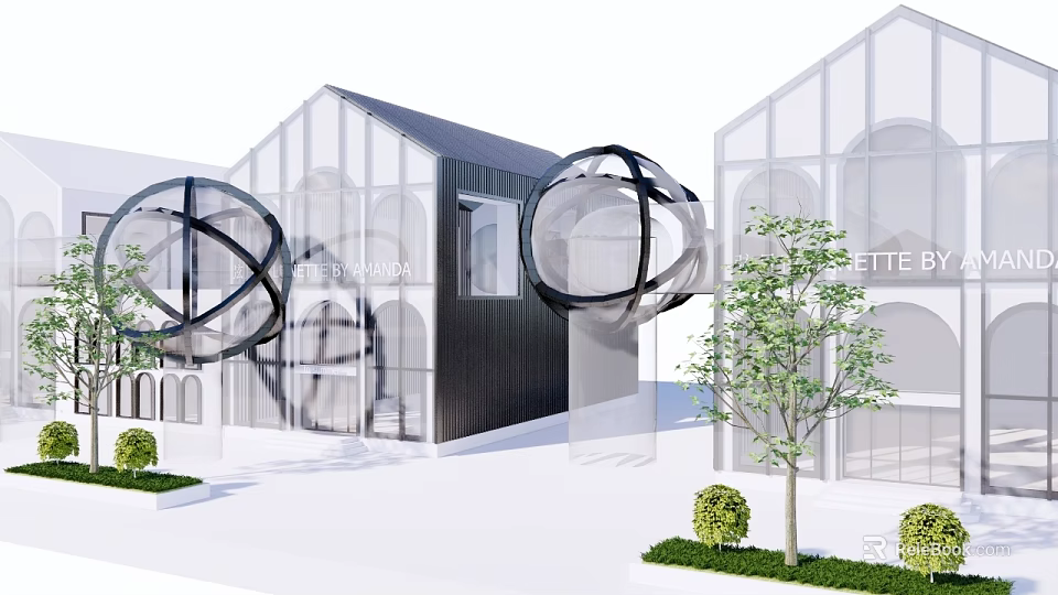 Modern Commercial Street Featuring Glass Facades Circular Structures And Greenery With Trees 3d model 