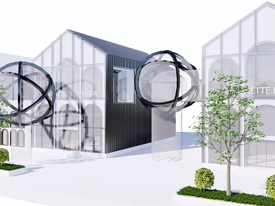 Modern Commercial Street Featuring Glass Facades Circular Structures And Greenery With Trees 3d model