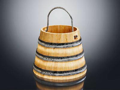 Wooden Striped Bucket With Metal Handle Ideal For Daily Washing And Cleaning Supplies 3d model