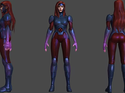Game Movie Character With Red Long Hair Purple Red Combat Suit And Blue Armor 3d model