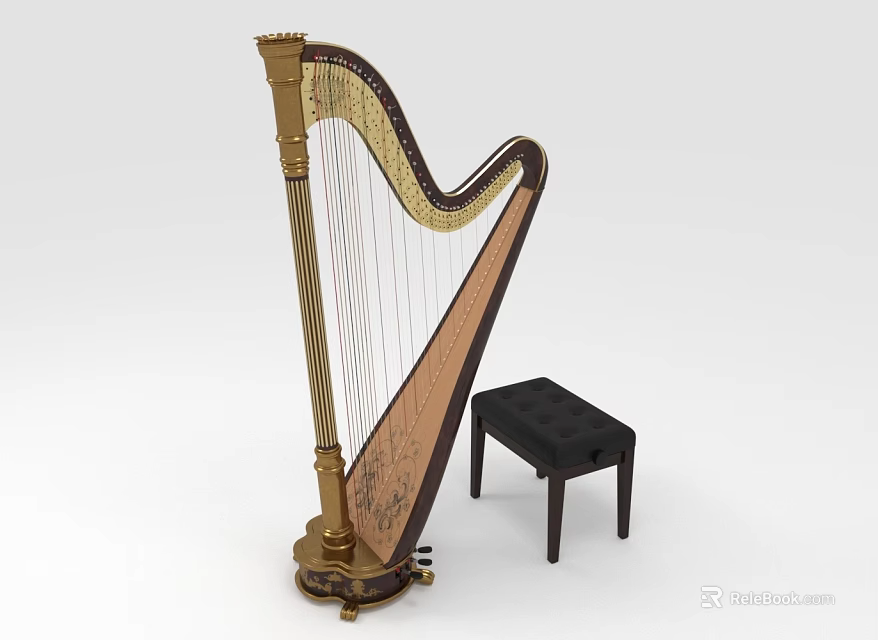 Classical Wooden Harp With Gold Accent And Black Padded Stool Musical Instrument 3d model 