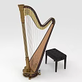 Classical Wooden Harp With Gold Accent And Black Padded Stool Musical Instrument