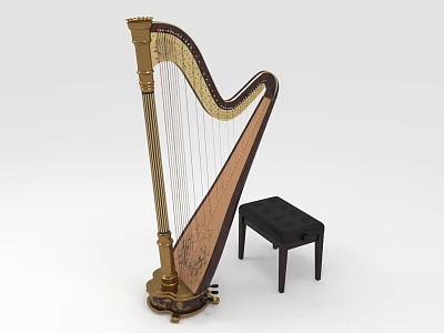 Classical Wooden Harp With Gold Accent And Black Padded Stool Musical Instrument 3d model