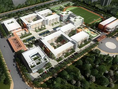 Modern School Buildings with Multiple Teaching Buildings Sports Field and Lush Green Campus 3d model
