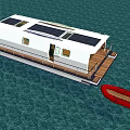 Modern Houseboat With Open Deck Stairs Red Sofa And White Hull On Water