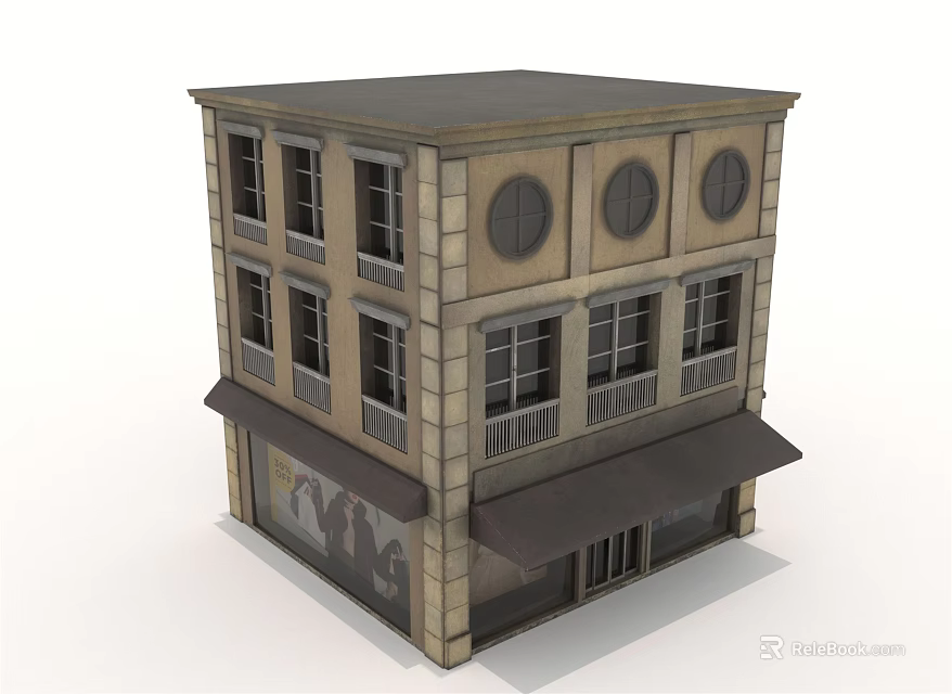 Traditional Three Story Commercial Complex with Stone Facade Windows and Awnings 3d model 