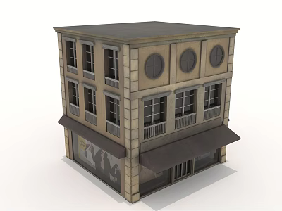 Traditional Three Story Commercial Complex with Stone Facade Windows and Awnings 3d model