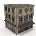 Traditional Three Story Commercial Complex with Stone Facade Windows and Awnings