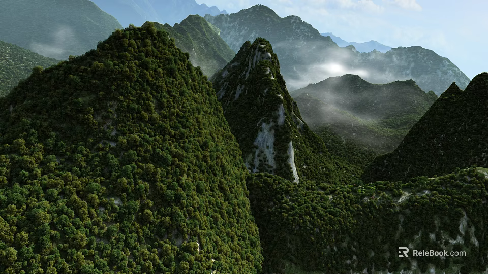 Mountain Garden Landscape Design With Lush Green Vegetation And Misty Scenery 3d model 