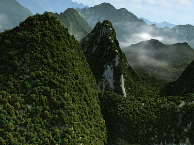 Mountain Garden Landscape Design With Lush Green Vegetation And Misty Scenery 3d model