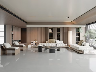 Spacious Modern Living Room Interior With White Sofa Wooden Elements And Floor to Ceiling Windows 3d model