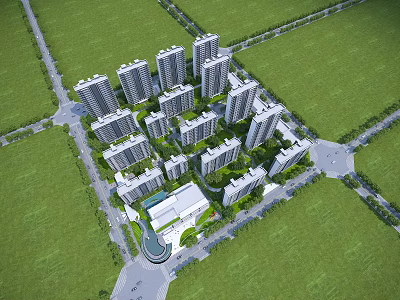 Aerial Planning of Residential Complex with High Rise Buildings Green Areas and Surrounding Roads 3d model