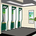 Bank Self Service Area With Green ATMs Potted Plant And Advertising Board