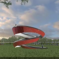 Spiral Red And White Bridge Design In Green Lawn With Street Lamps And Sky Background