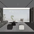 Modern Living Room Interior With Beige Sofa Ottomans Coffee Table Floor-to-Ceiling Blinds And TV Wall