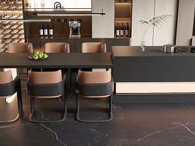 Modern Restaurant Dining Area With Black Table Brown Chairs And Bar Counter 3d model
