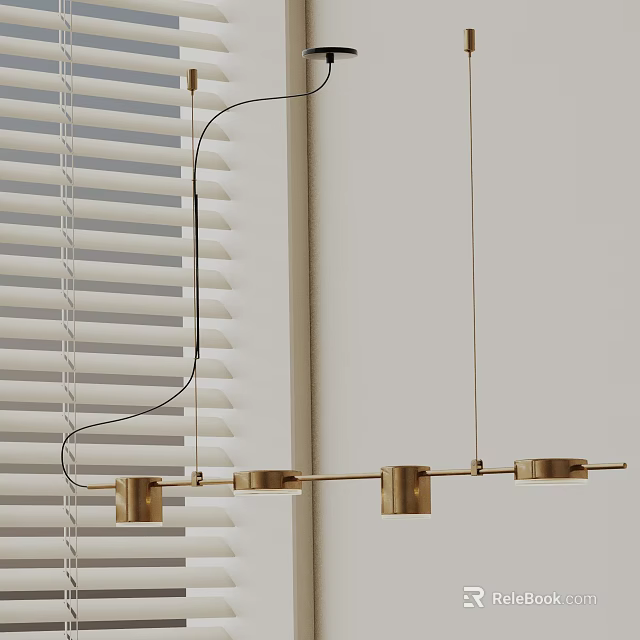 Modern Brass Linear Pendant Light with Window Blinds in Bright Contemporary Interior 3d model 