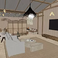 Hotel Public Lounge Area With Wooden Ceiling Hanging Lights Comfortable Sofas And Fire Pit 3d model