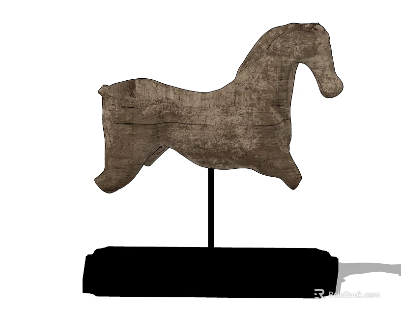 Vintage Wooden Horse Shaped Decorative Ornament Set With Black Base Stand 3d model 