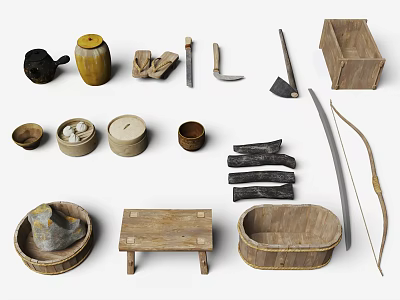 Traditional Ethnic Clothing And Handcrafted Accessories With Vintage Wooden Tools 3d model