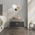 Modern Black White Bedside Table With Metal Legs And Decorative Perfume Bottles