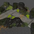 Garden Stepping Stones With Mossy Rocks Green Plants And Yellow Fallen Leaves On Gray Gravel