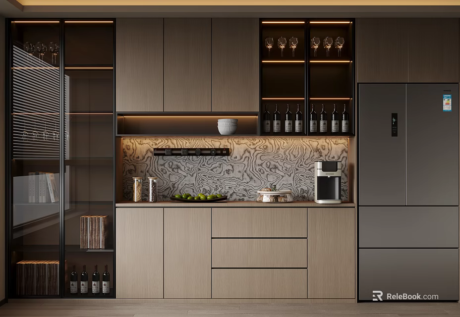 Modern Kitchen Wine Cabinet with Patterned Backsplash Coffee Machine and Fruits Built-in Design 3d model