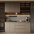 Modern Kitchen Wine Cabinet with Patterned Backsplash Coffee Machine and Fruits Built-in Design 3d model