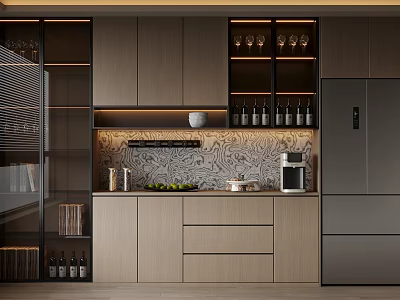 Modern Kitchen Wine Cabinet with Patterned Backsplash Coffee Machine and Fruits Built-in Design 3d model