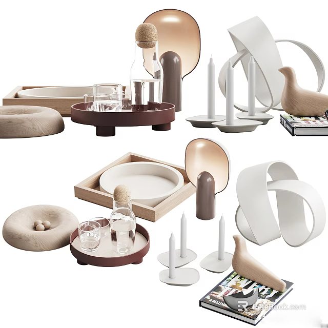 Modern Minimalist Decorative Ornament Set With Trays Bottles Candles Bird And Loop Shaped Decor 3d model 