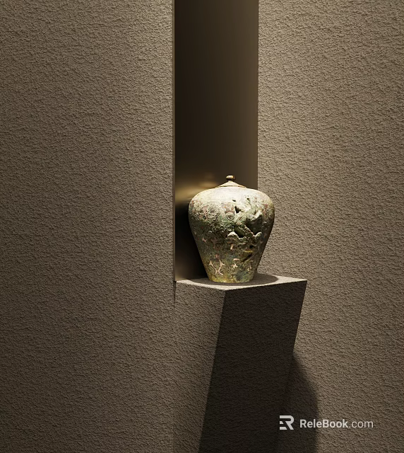 Ceramic Vessel With Intricate Patterns Showcased In Wall Niche Against Gray Textured Wall 3d model 