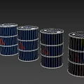 Set of Blue Oil Drums Featuring Red Warning Signs And Rusty Surfaces