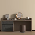 Brown Wooden Dressing Table With Grey Drawers Illuminated Round Mirror And Brown Stool