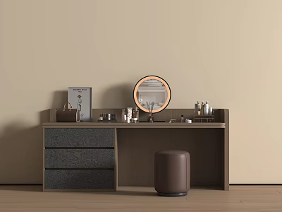 Brown Wooden Dressing Table With Grey Drawers Illuminated Round Mirror And Brown Stool 3d model