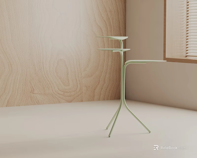 Modern Minimalist Light Green Metal Frame Side Table With Wooden Wall And Window 3d model 