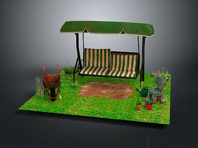 Outdoor Garden Scene With Green Canopy Swing Striped Seat Grill And Accessories 3d model