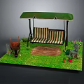 Outdoor Garden Scene With Green Canopy Swing Striped Seat Grill And Accessories